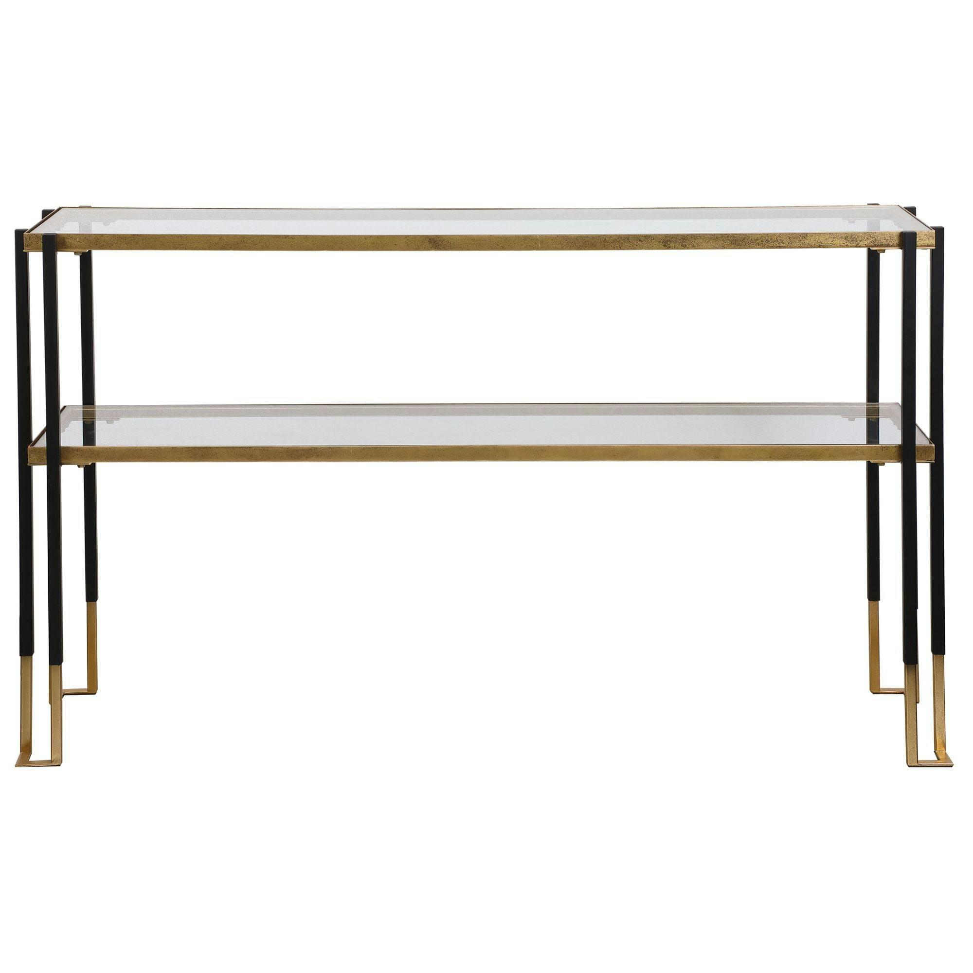 Contemporary Black and Gold Rectangular Console Table with Tempered Glass Shelf