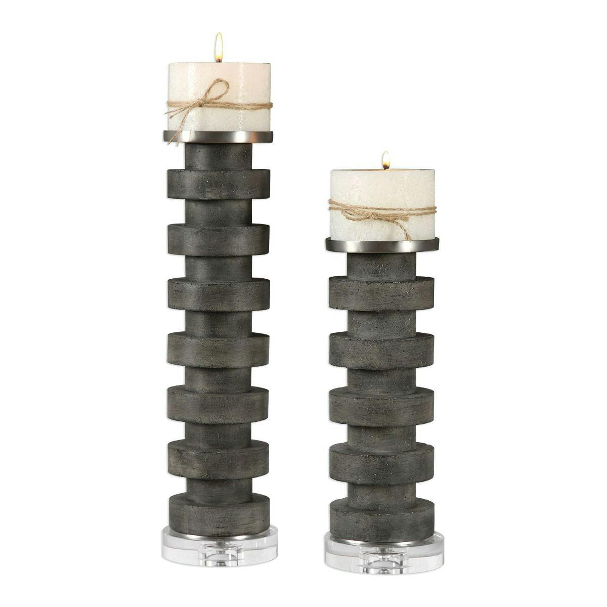 Karun Charcoal Concrete and Crystal 16.5" Candleholders Set