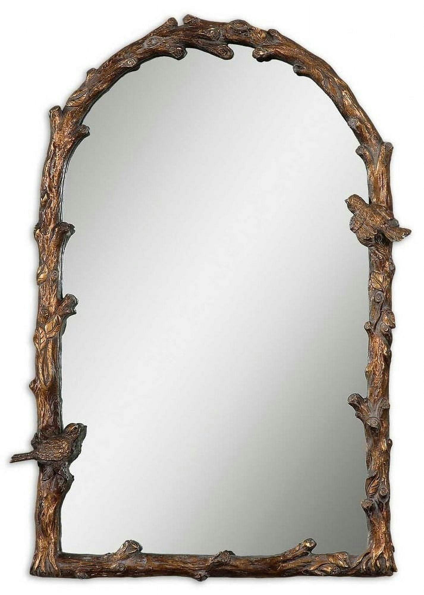Antique Gold Leaf Arch Mirror with Distressed Frame and Songbird Accents