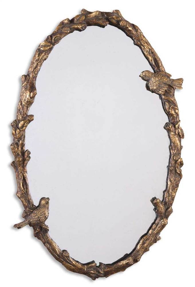 Transitional Oval Vine Gold Mirror with Perched Birds Design