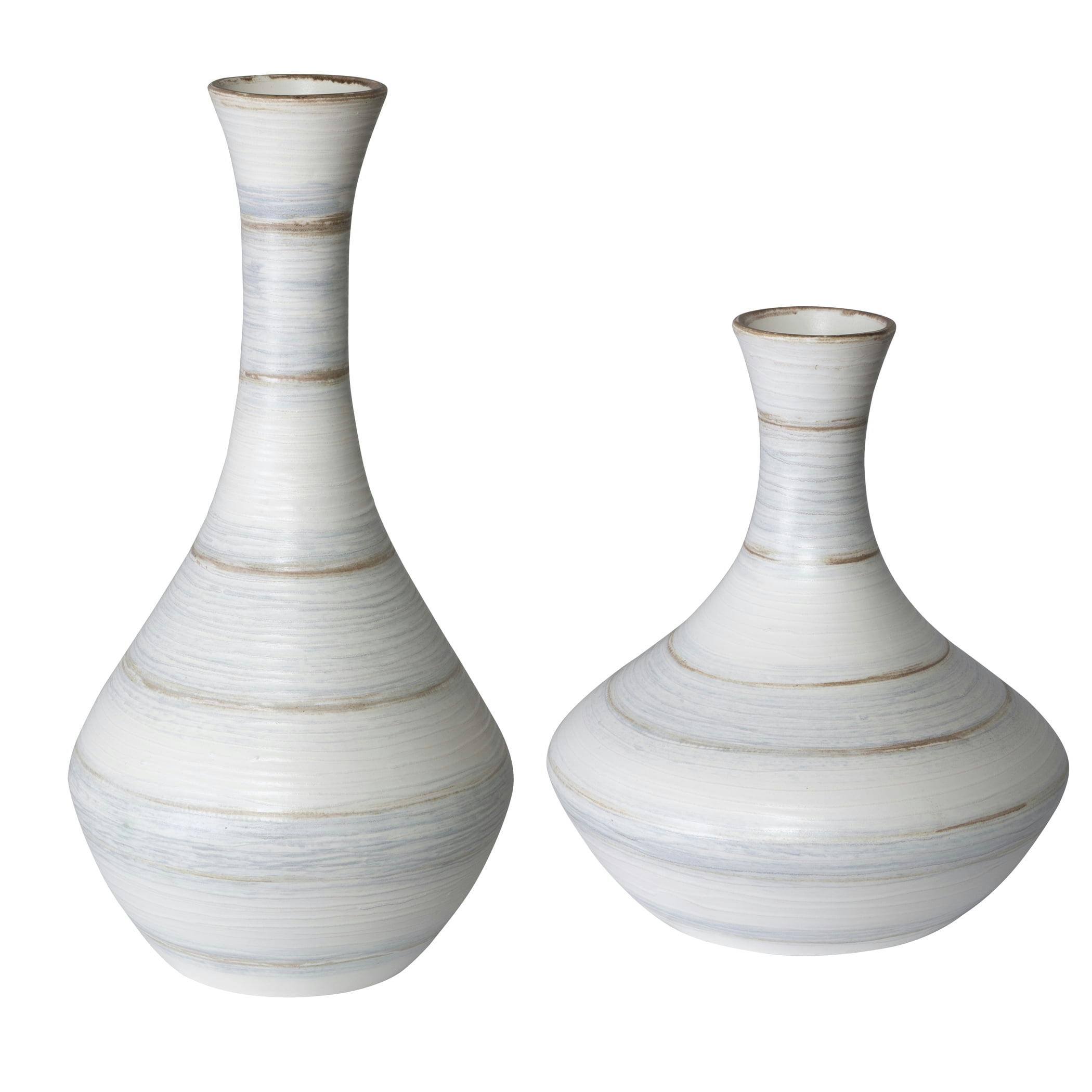 Subtle Aesthetic Ivory, Blue, and Tan Ceramic Vases - Set of 2