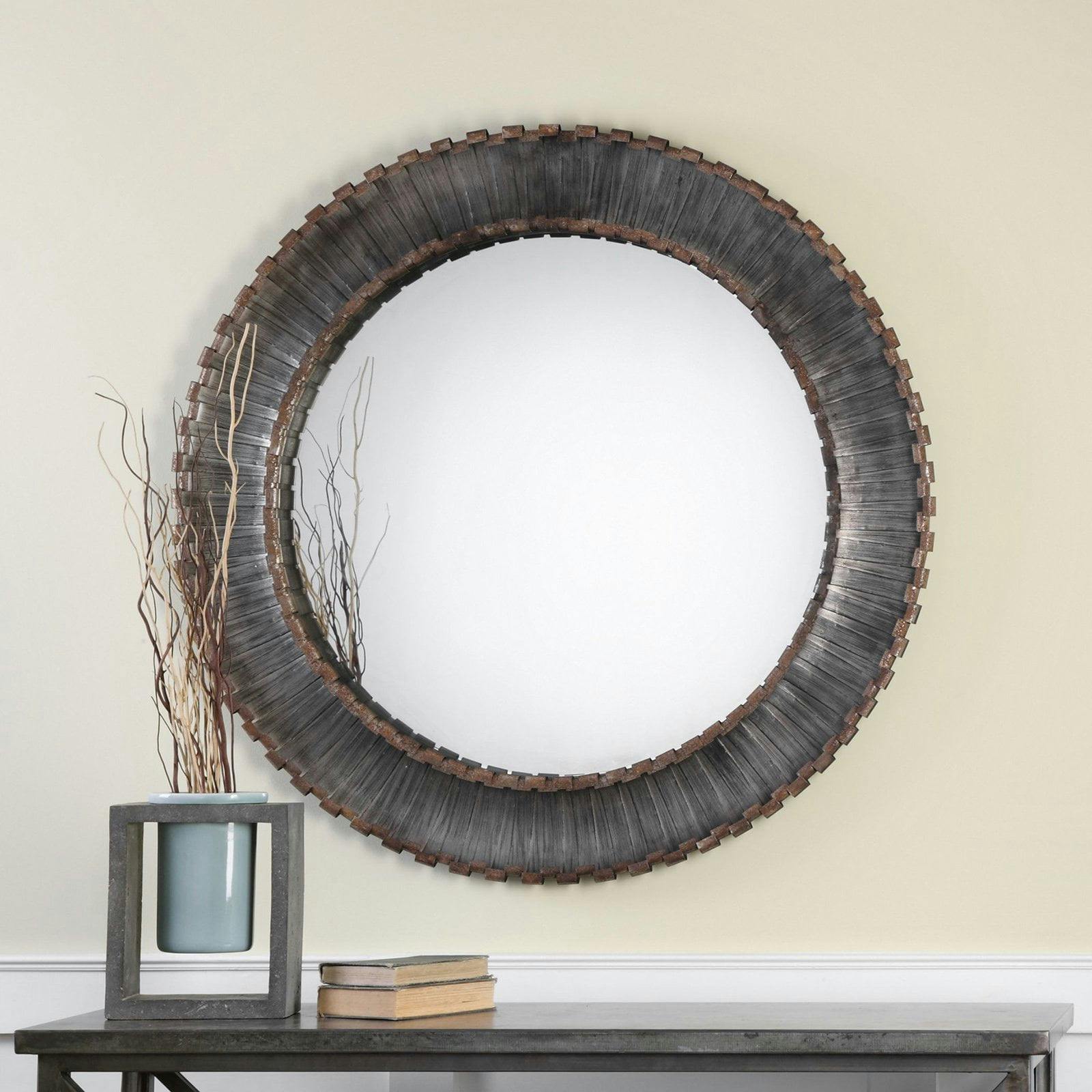Transitional Industrial 46" Silver Round Mirror with Hand Forged Metal Frame