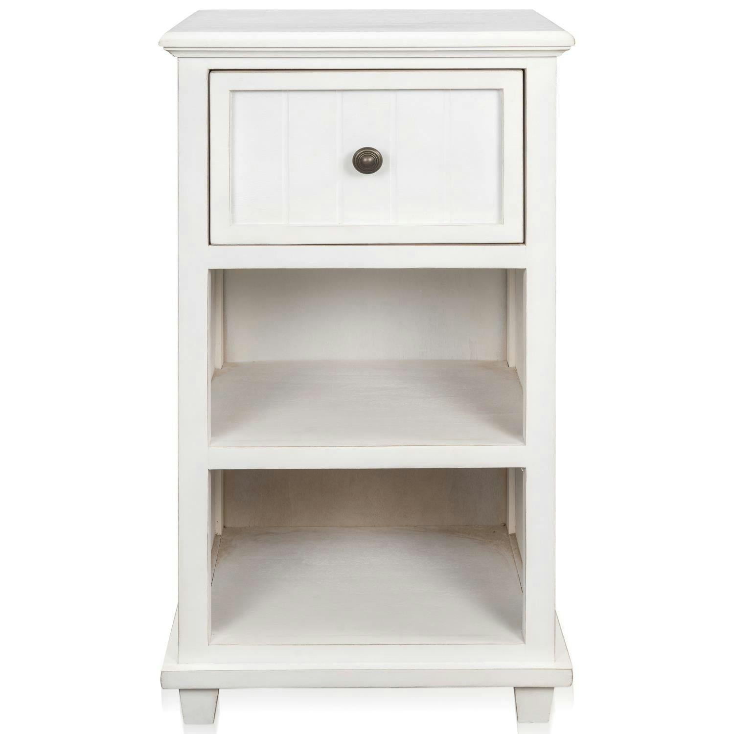 Modern Acacia Wood Side Table with Storage in Eggshell White