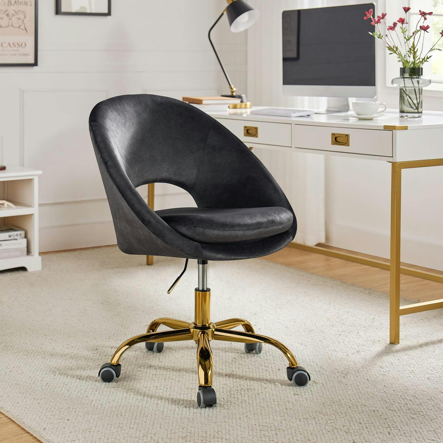 Ergonomic Swivel Task Chair in Black Velvet with Golden Metal Legs