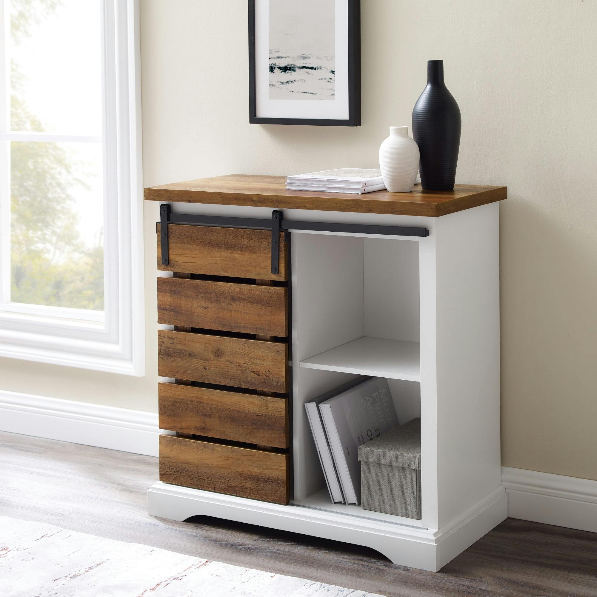 Rustic Oak and Solid White Farmhouse Sliding Cabinet with Adjustable Shelving