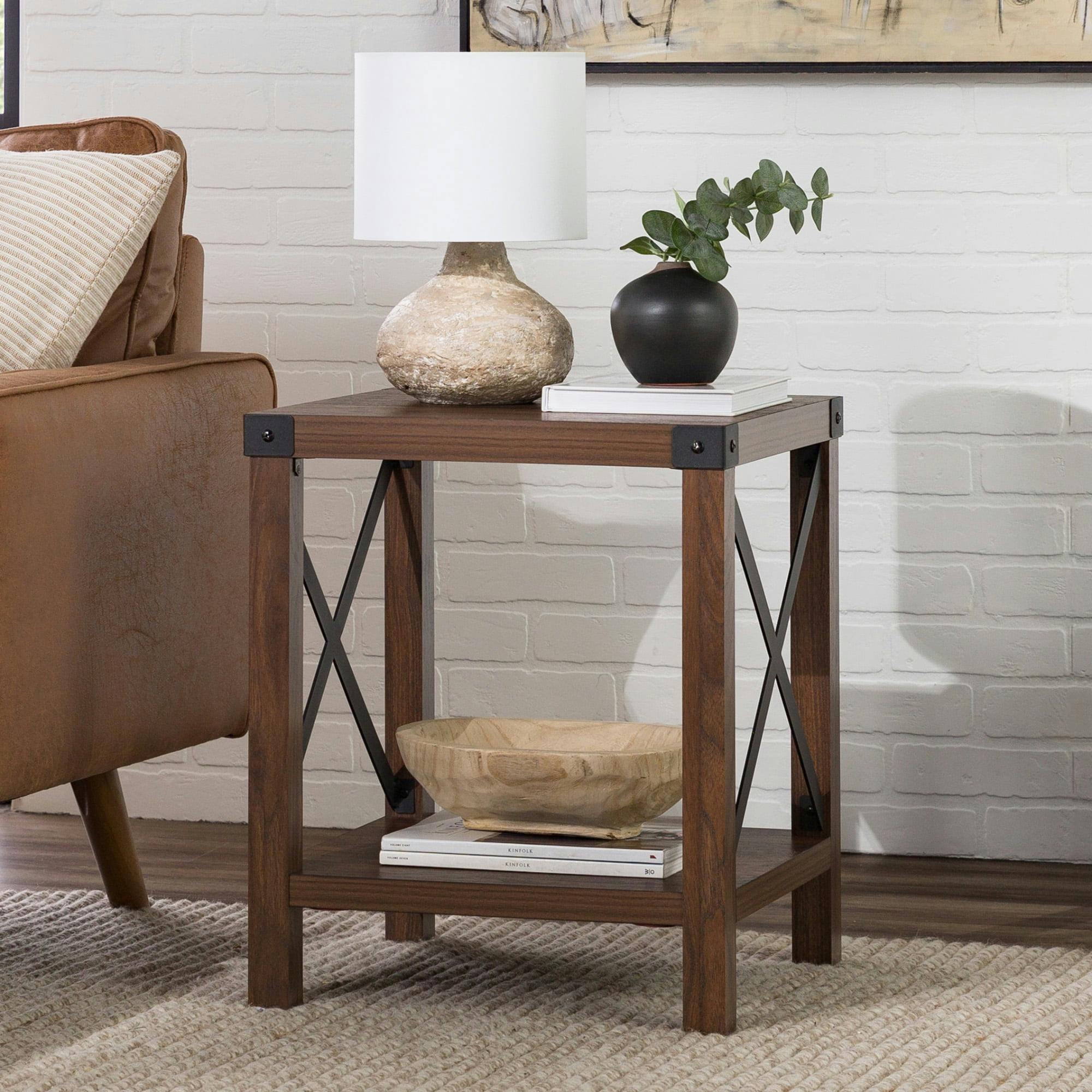 Rustic Farmhouse 18" Square Wood & Metal X-Accent Side Table in Dark Walnut