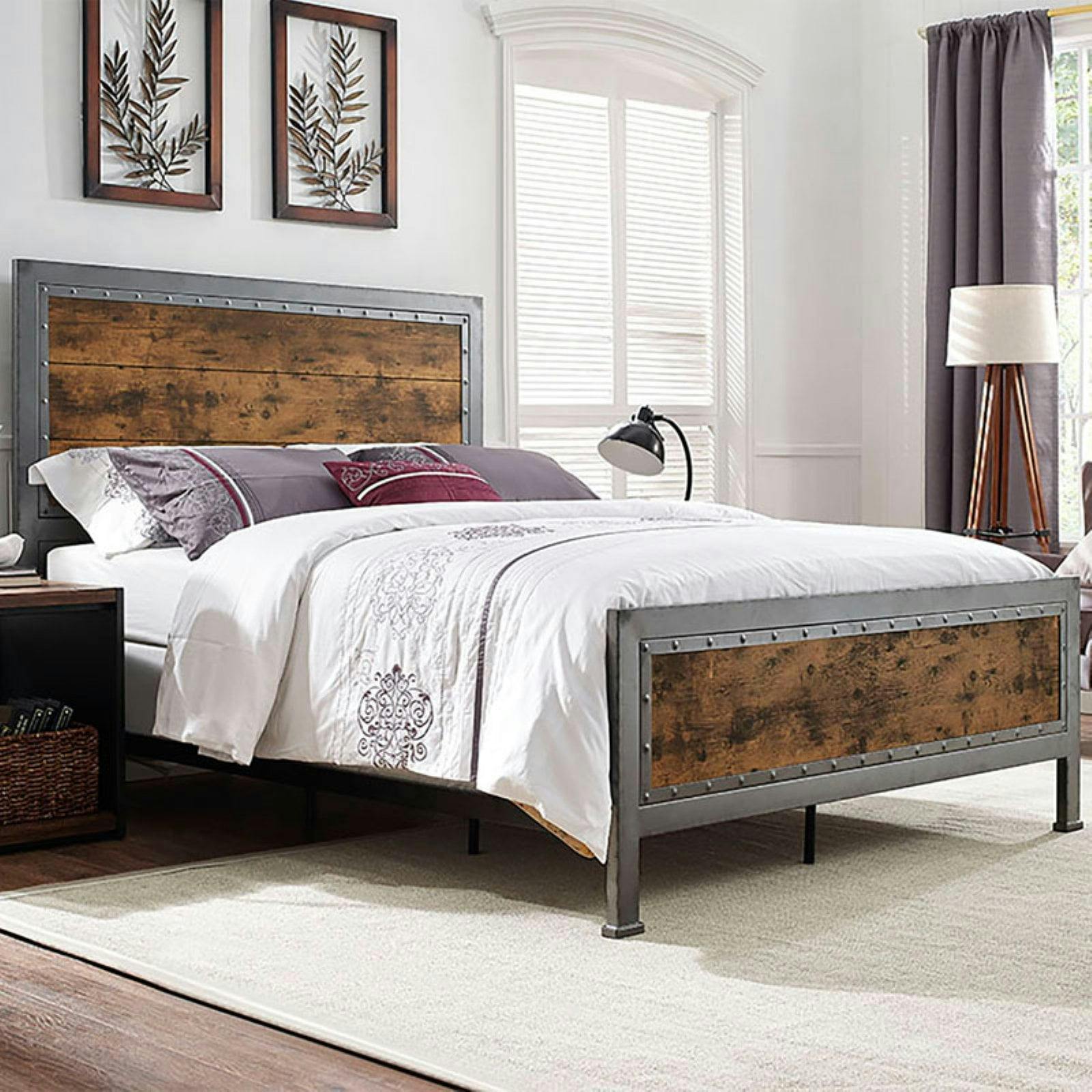 Rustic Industrial Queen Bed with Wood Headboard and Nailhead Trim