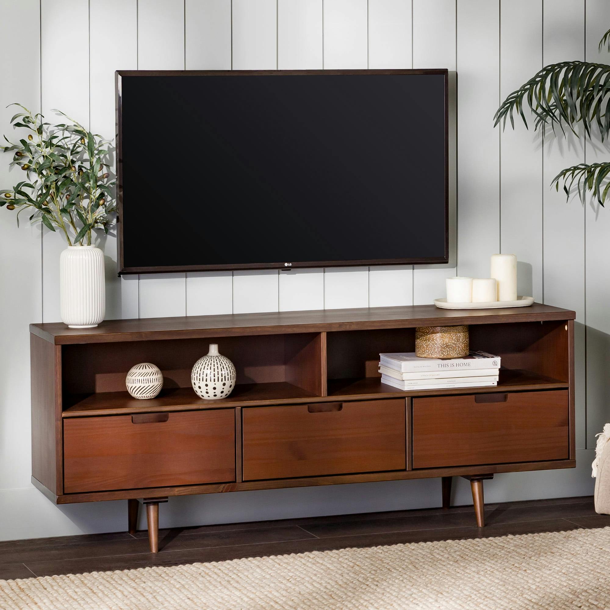 Mid-Century Modern 58" Walnut TV Stand with 3 Drawers and Open Shelves