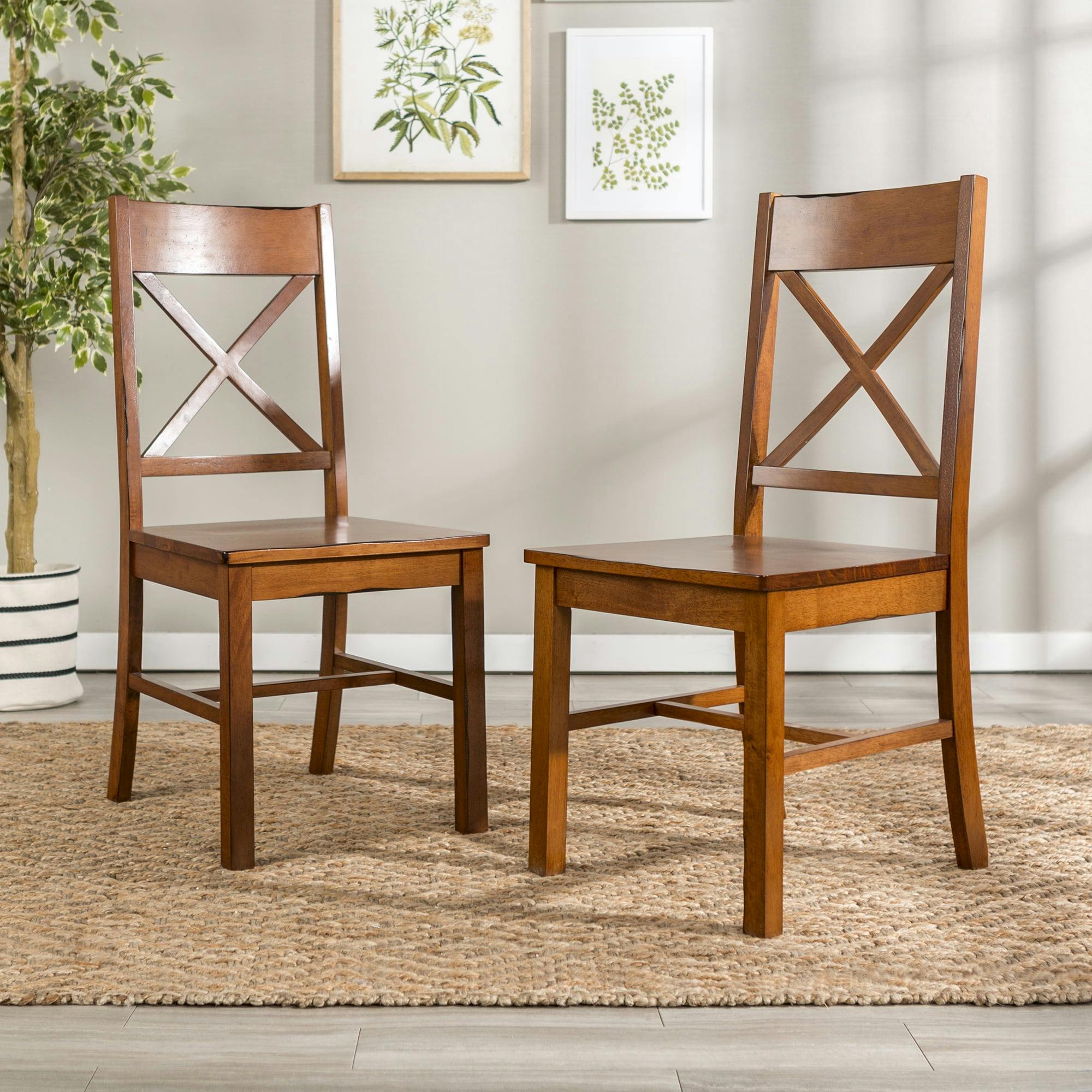 Antique Brown Cross-Back Solid Wood Dining Chair Set