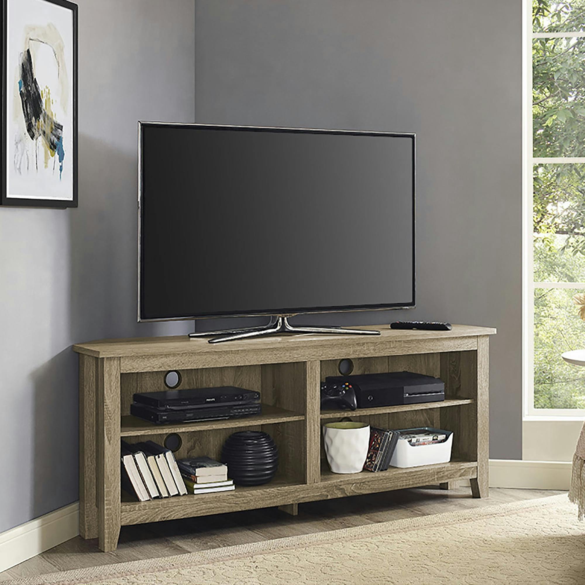 Rustic Corner Media Stand for 65" TVs in Driftwood Finish