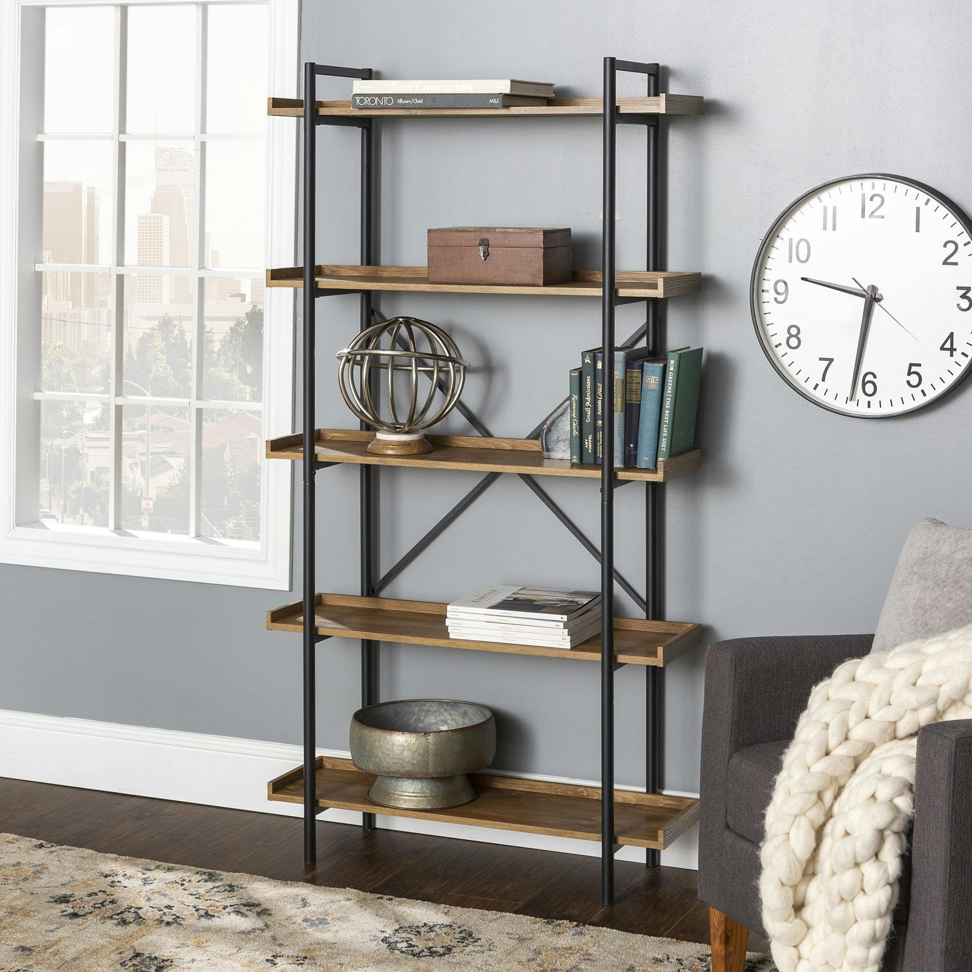 Adjustable Black Wood 36" Urban Etagere Bookshelf with 5 Shelves