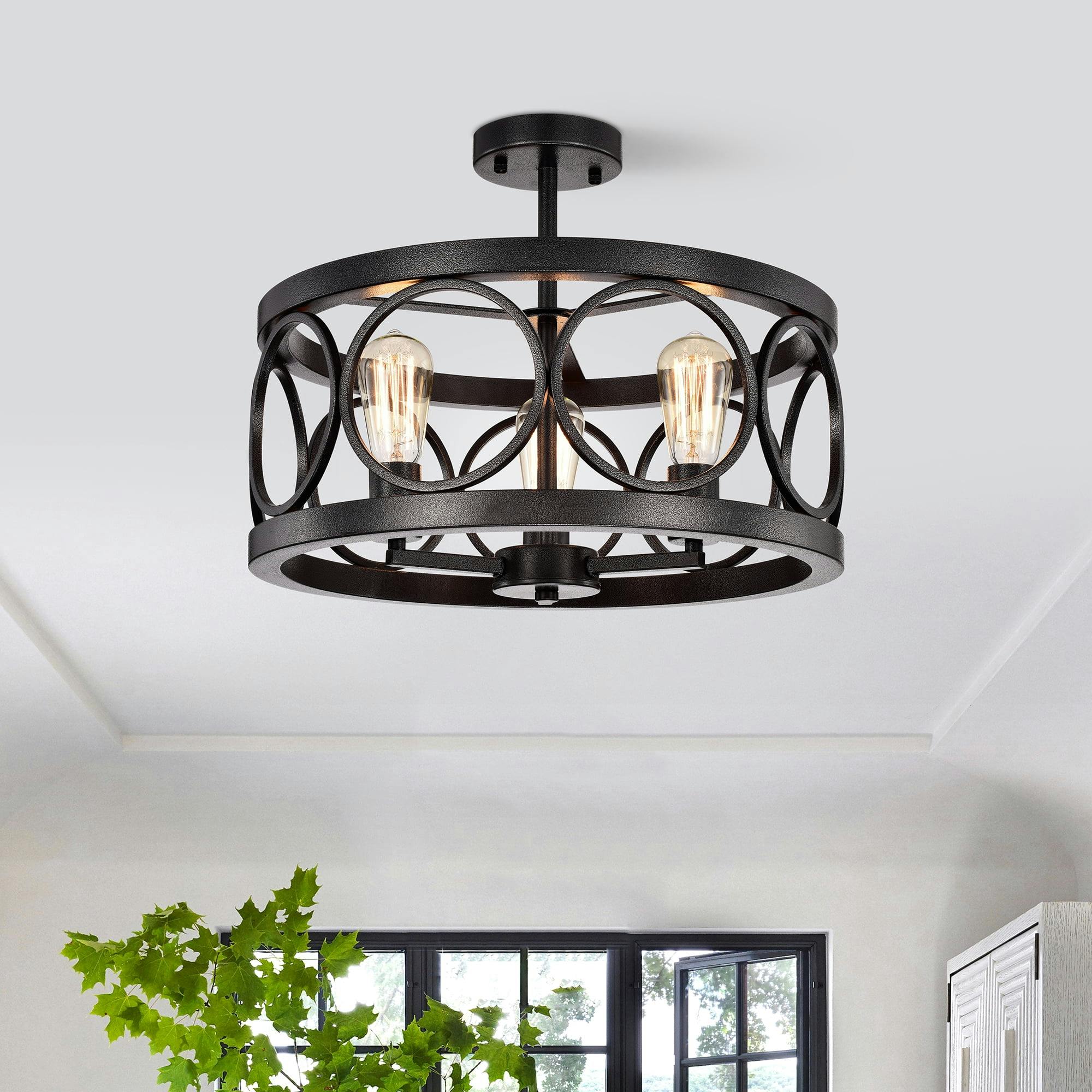Modern Rustic 3-Light Drum Ceiling Lamp in Black and Silver