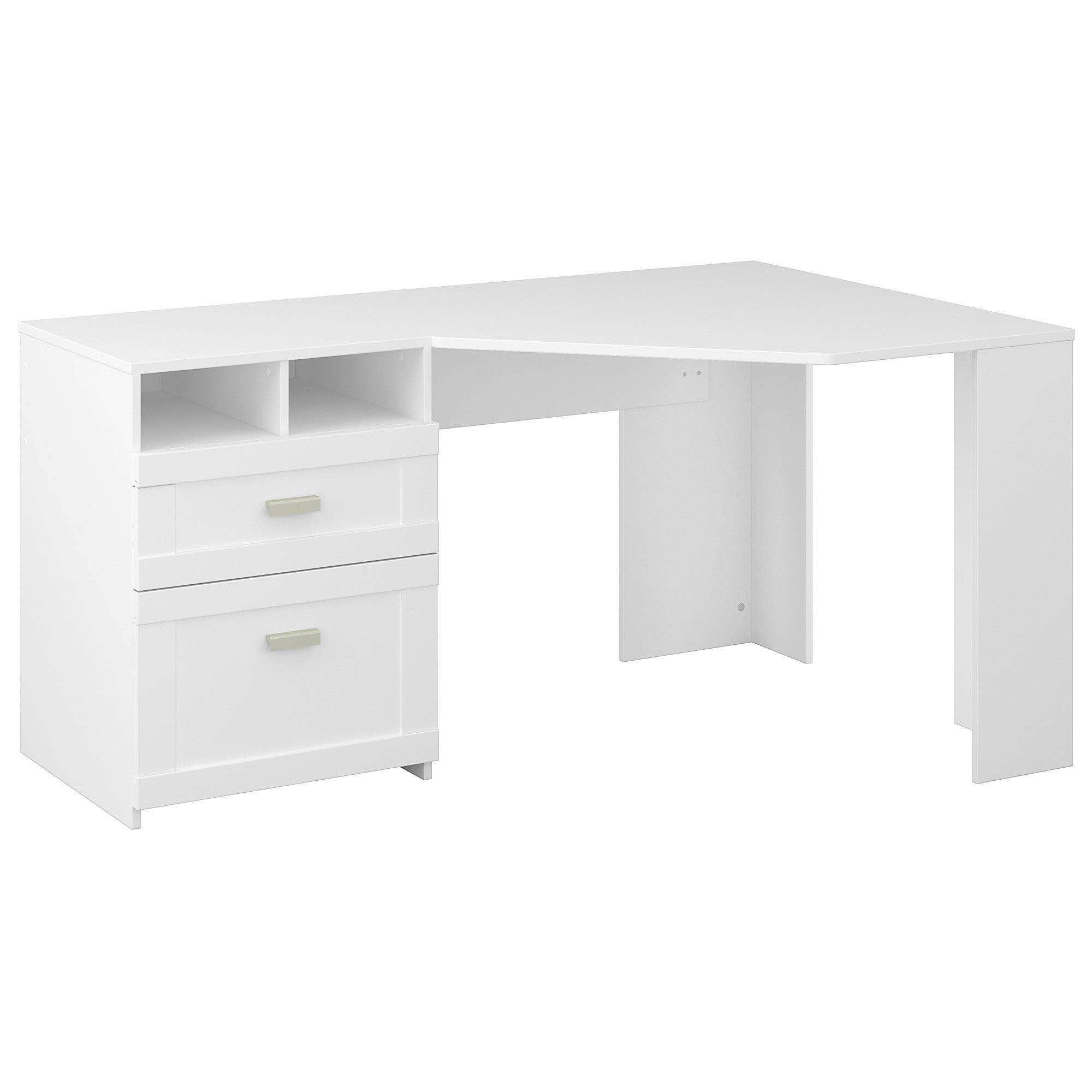Elegant White Wood 60" Corner Desk with Filing Cabinet and Drawer