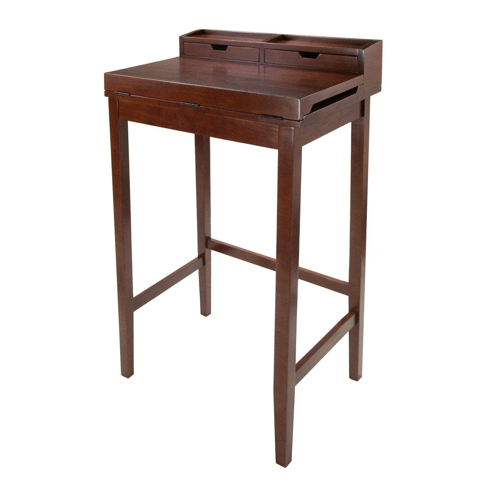 Transitional Walnut High Desk with Foldable Top and Drawers