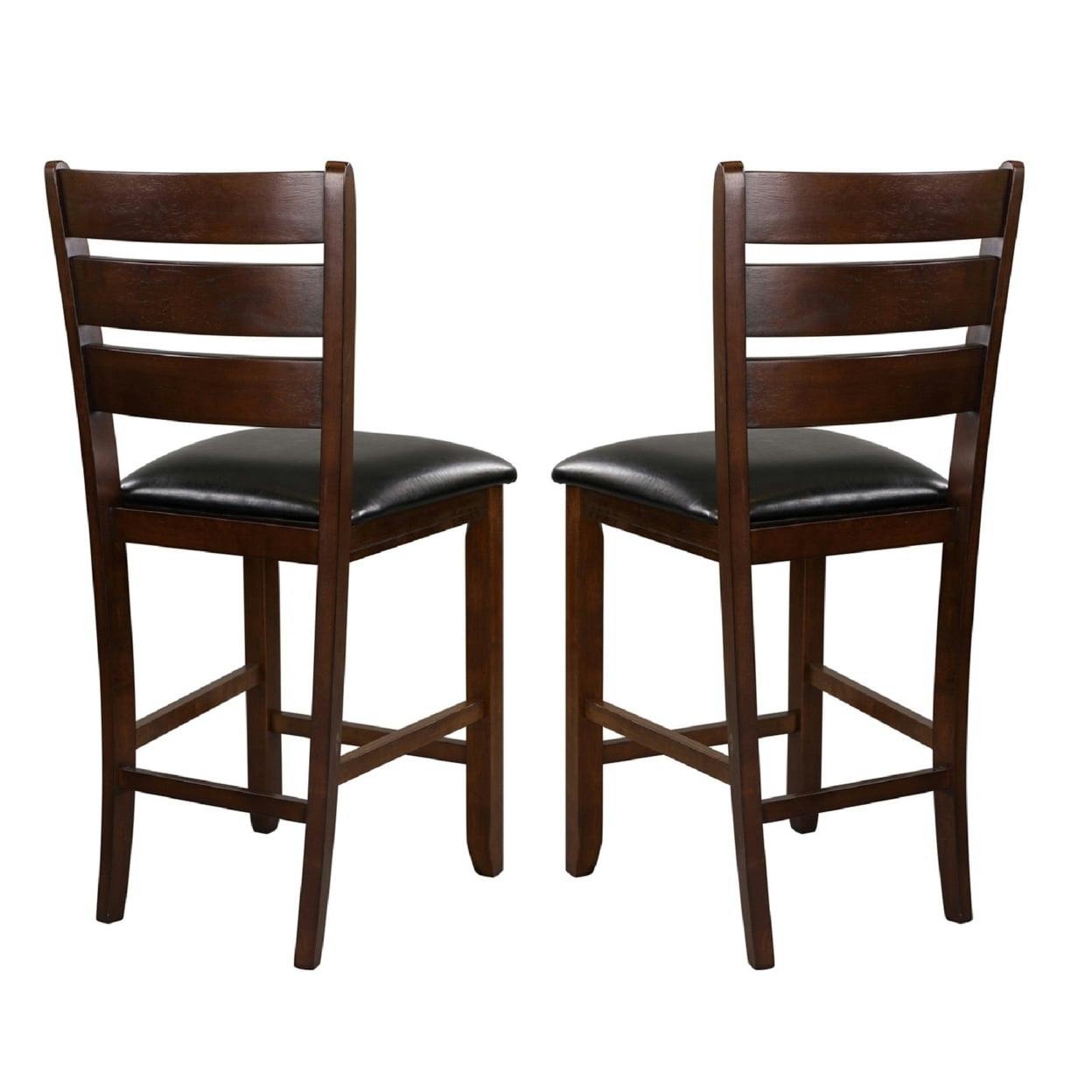 Contemporary Dark Oak Counter Stools with Black Faux Leather Seat, Set of 2