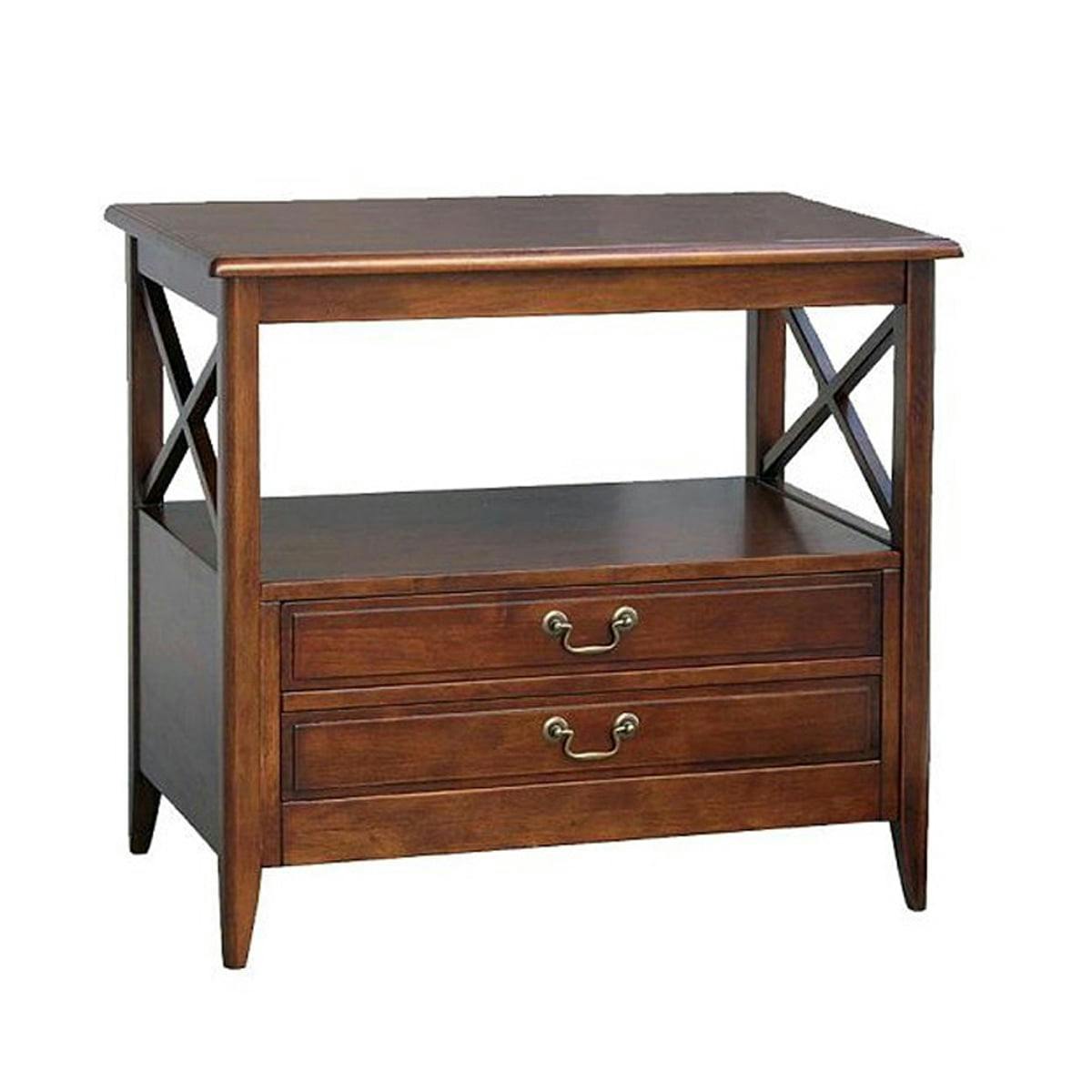 Transitional Oakwood TV Stand with Open Shelf and Dual Drawers, Dark Brown