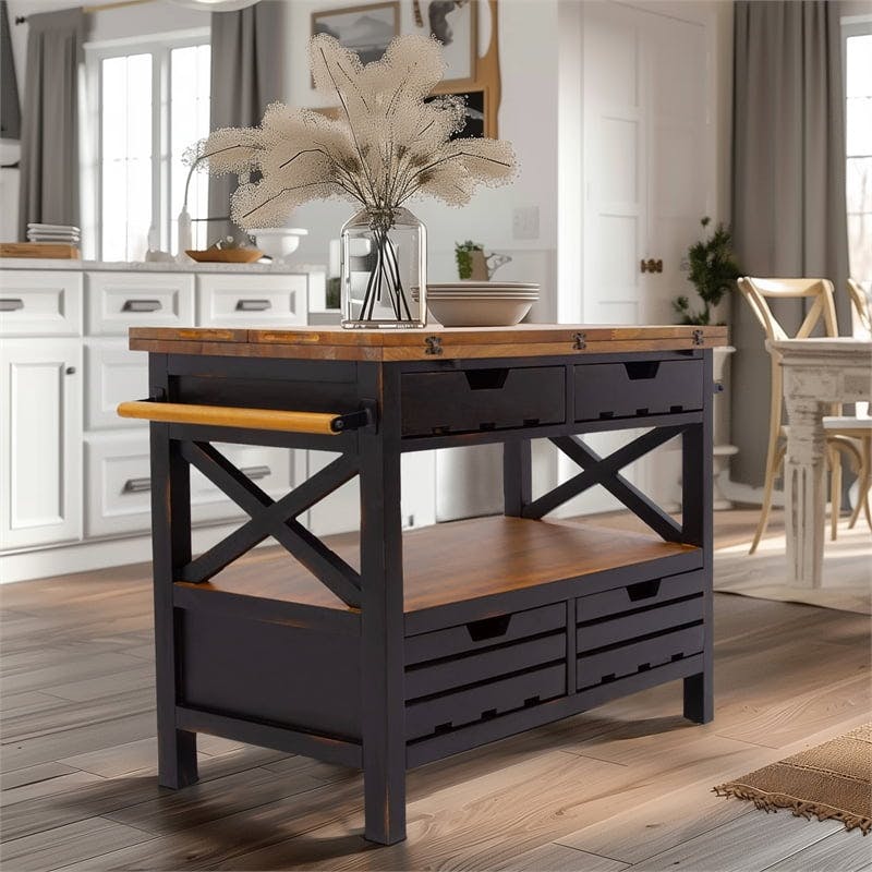 Cassidy 42" Black and Brown Farmhouse Wood & Metal Kitchen Island