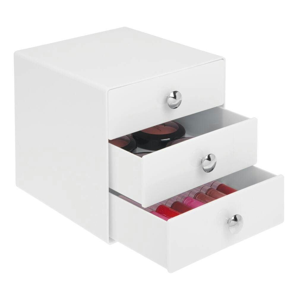 Compact White Plastic 3-Drawer Organizer with Chrome Knobs