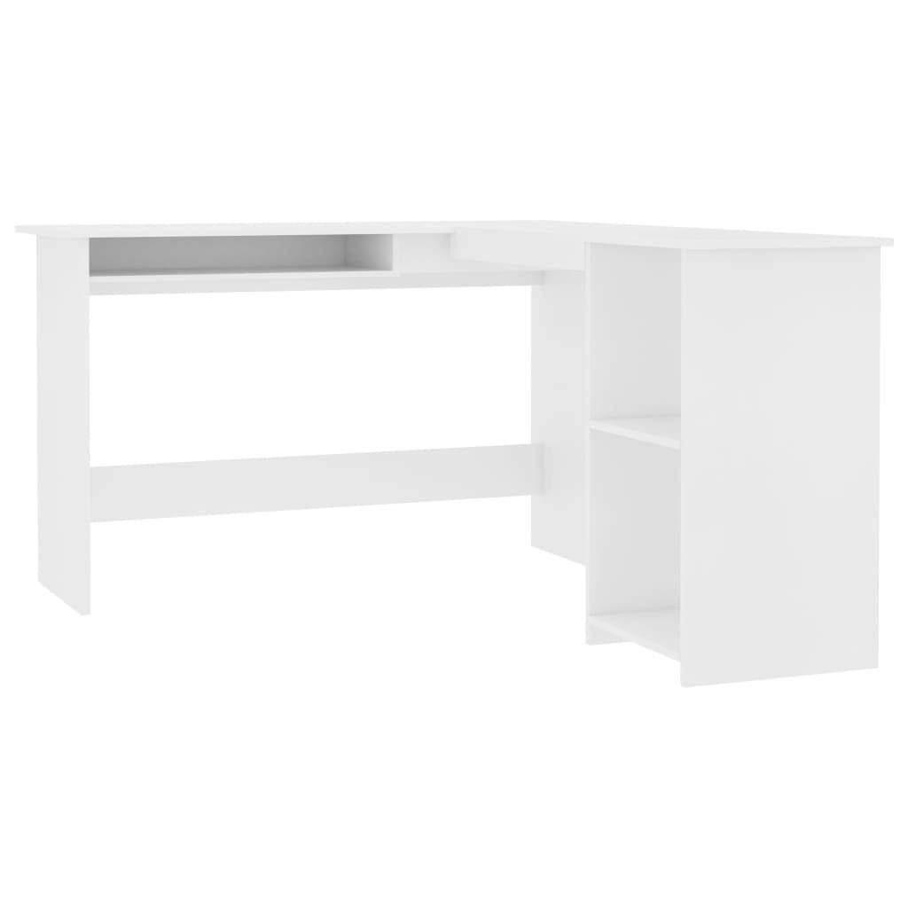 Modern L-Shaped Corner Office Desk with Keyboard Tray and Storage, White Wood