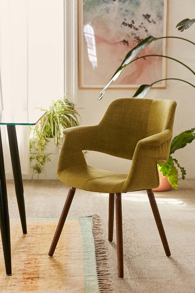 Mid-Century Modern Low Slat Green Upholstered Wooden Arm Chair