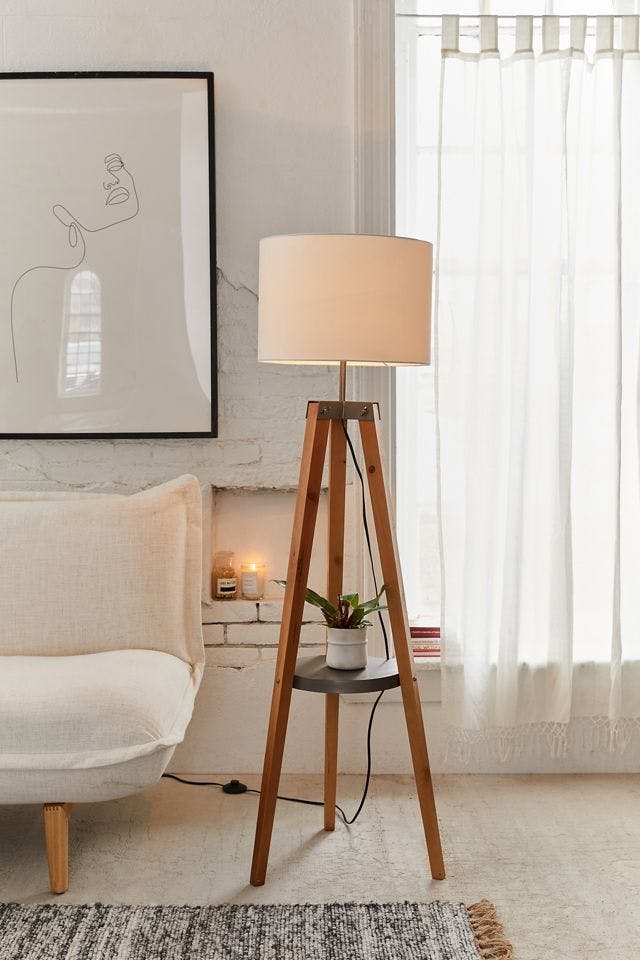 Contemporary Natural Wood & White Linen Floor Lamp with Shelf