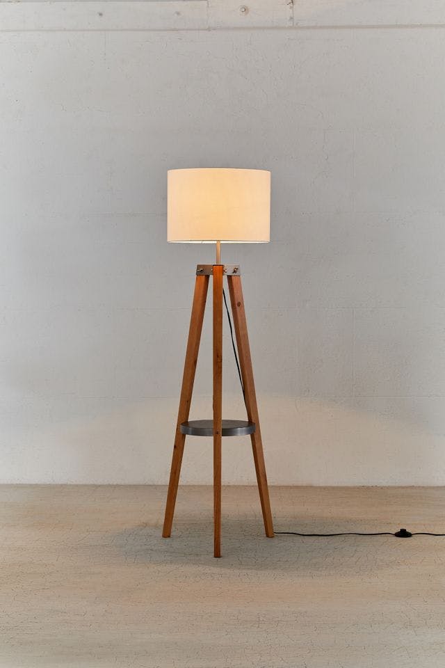 Contemporary Natural Wood & White Linen Floor Lamp with Shelf