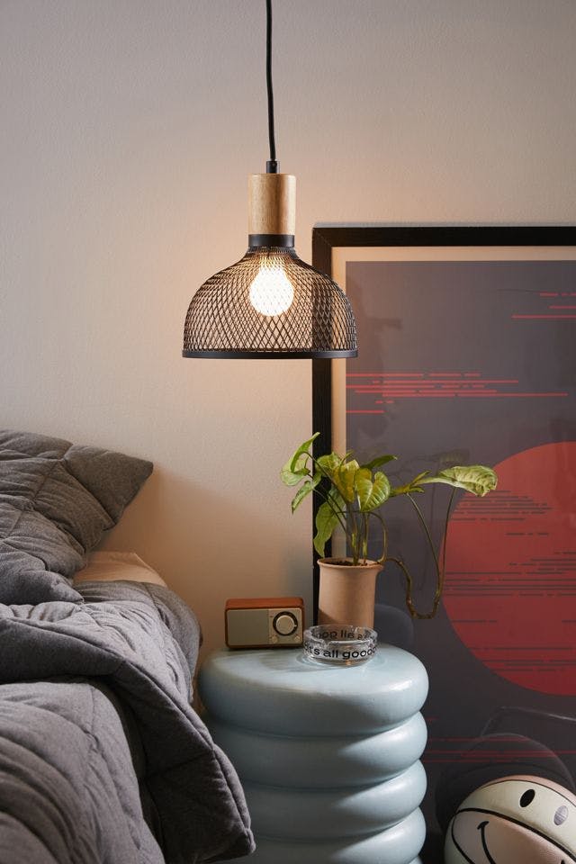 Matte Black Metal & Natural Wood Mini Pendant Lamp