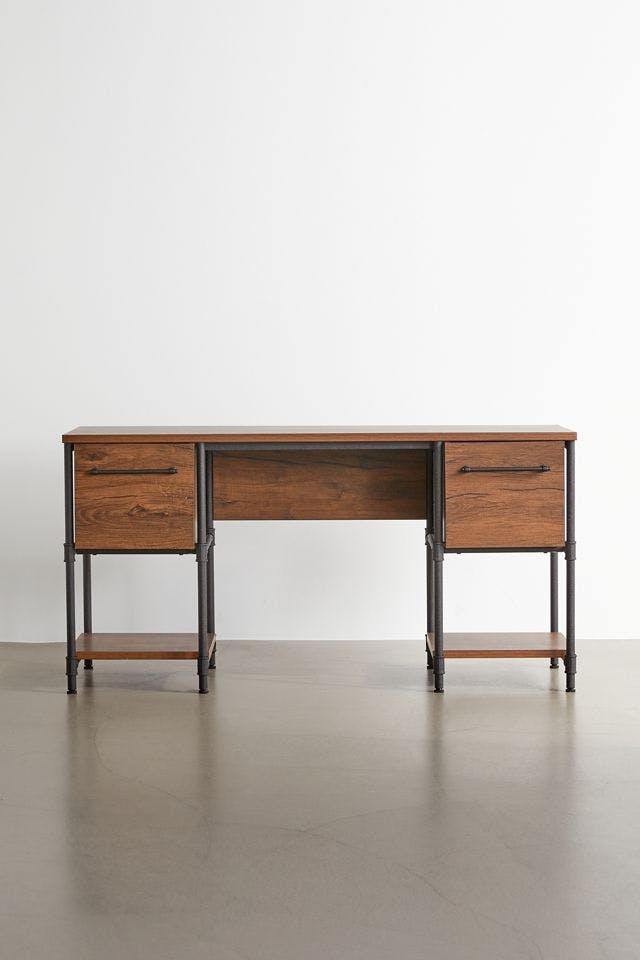 Checked Oak Industrial Double Pedestal Desk with Metal Frame