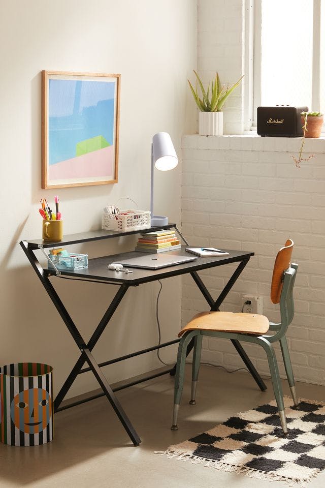Minimalist 2-Tier Metal and Wood Folding Desk