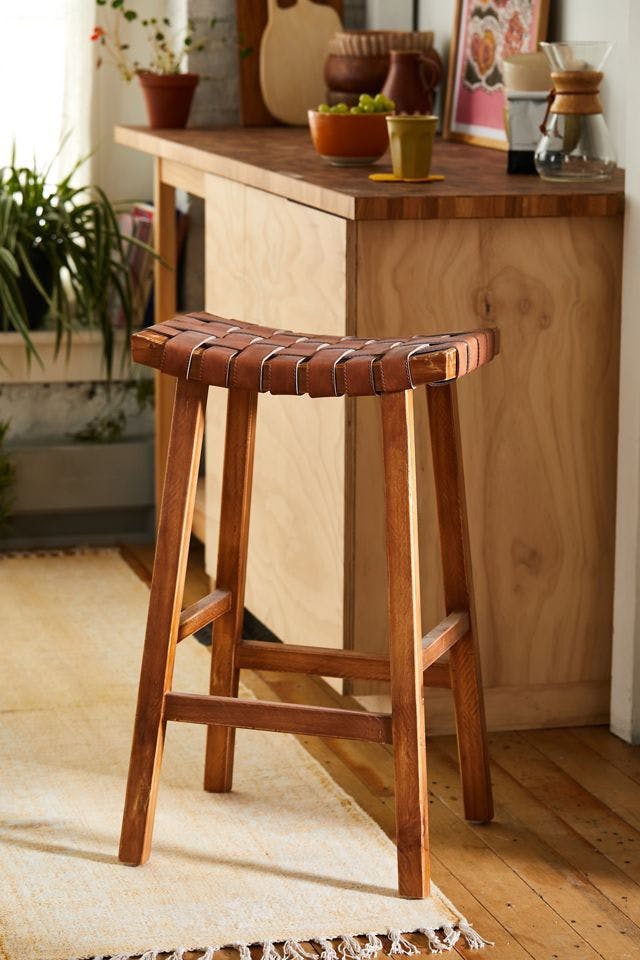 Rustic Woven Leather Bar Stool in Polished Brown