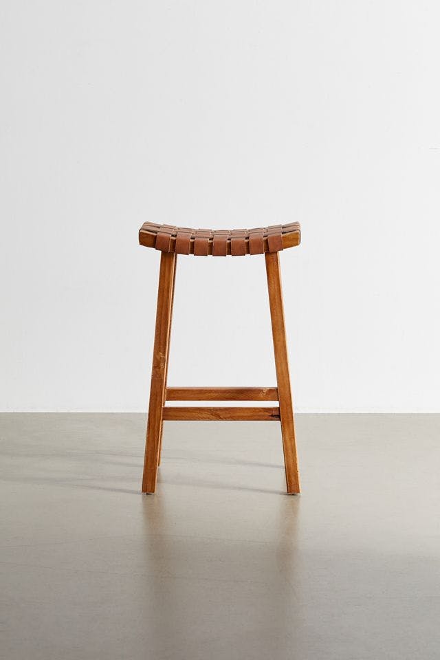 Rustic Woven Leather Bar Stool in Polished Brown