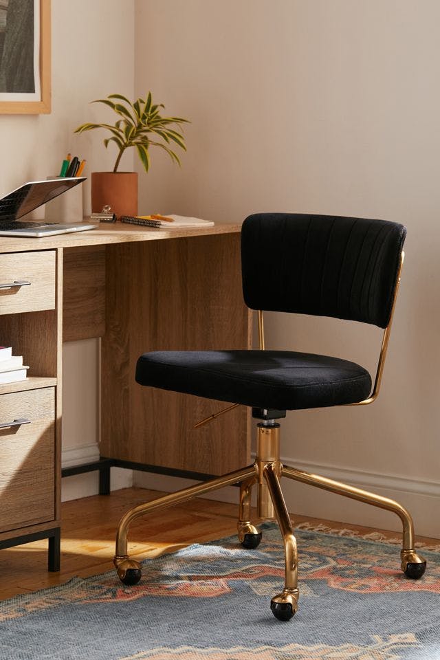 Emmy Gilded Gold Metal and Black Velvet Desk Chair