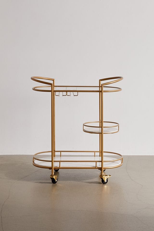 Elegant Gold Oval 3-Tier Marble and Glass Bar Cart with Wheels