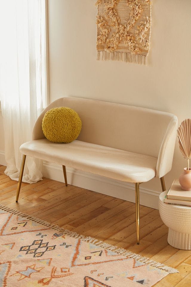 Glamorous White Velvet Curved Bench with Gold-Tone Legs