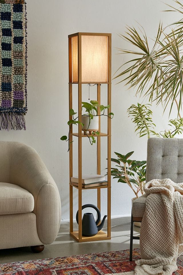Natural Wood Veneer 63'' Floor Lamp with Textured Shade and Shelves