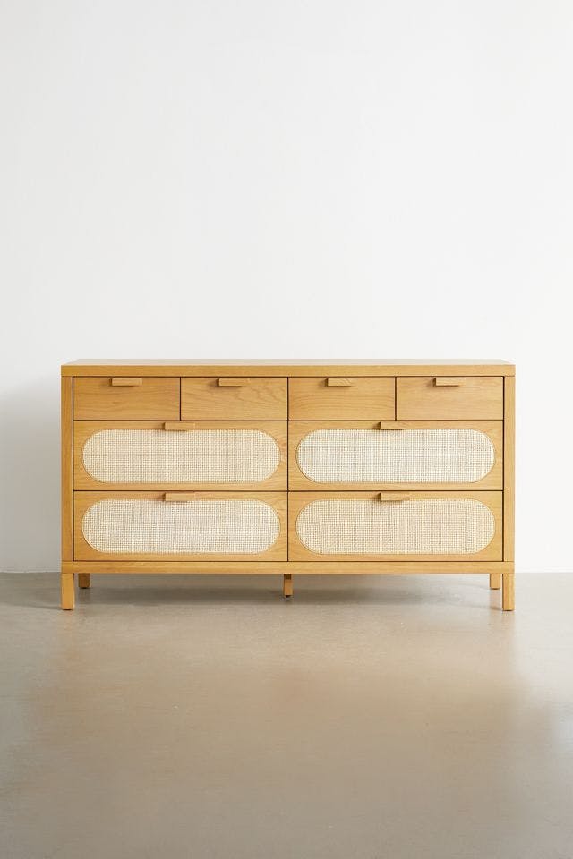 Alder 8-Drawer Light Wood Cane Dresser