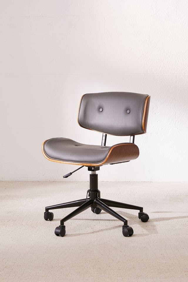 Contemporary Gray Leather and Walnut Wood Task Chair with Swivel