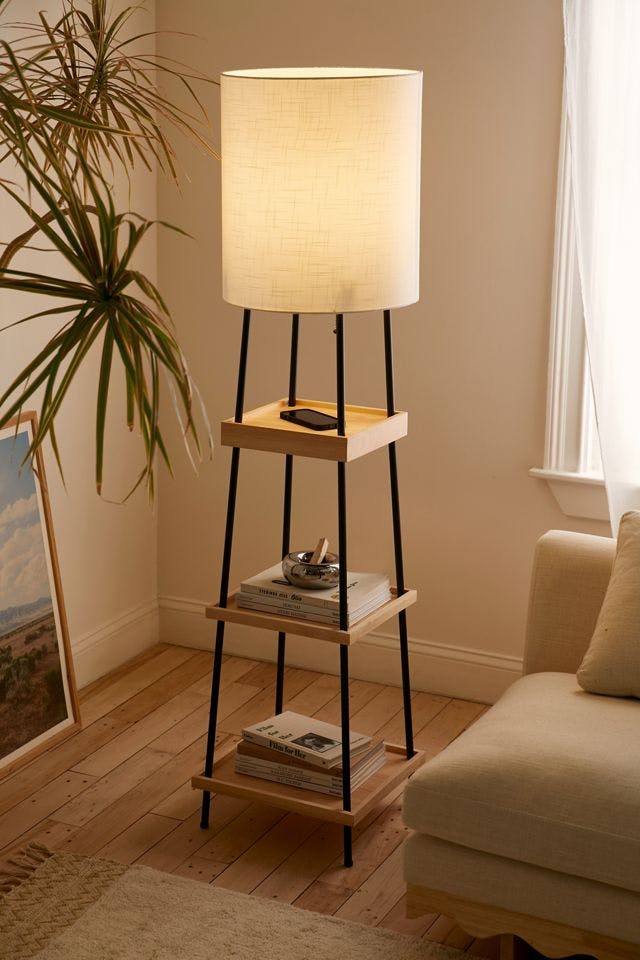 Adesso 63'' Black and Natural Wood Shelf Floor Lamp with USB