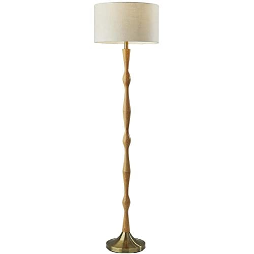 Antique Brass & Natural Oak Off-White Shade Modern Bohemian Floor Lamp