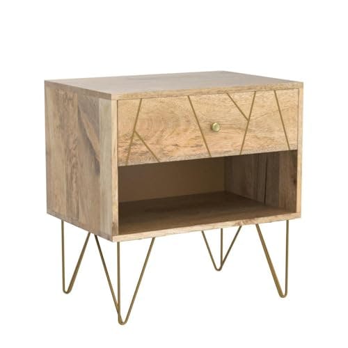 Transitional Brass-Tone Hairpin Leg Nightstand with Geometric Drawer