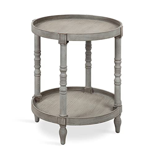 Bellport Classic Round Wood Side Table with Lower Shelf, Distressed Gray
