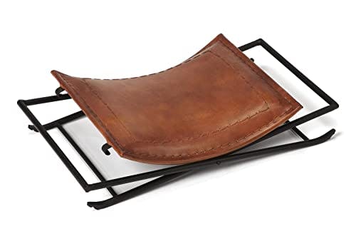 Sanford 18" Warm Brown Leather & Black Iron Accent Stool