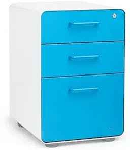 Poppin Stow 3-Drawer Metal Filing Cabinets for Home Office, Powder-Coated Steel File Cabinet Organizer for Hanging File Folders, Under Desk Storage Box with Drawers and Lock, White and Pool Blue