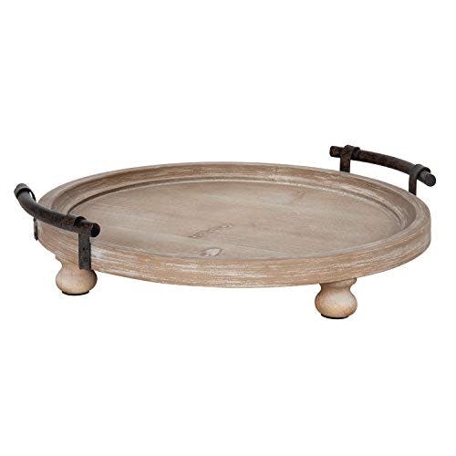Rustic Finish Round Wooden Footed Tray with Vintage Black Handles, 15-inch