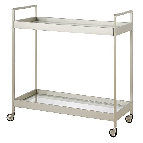 Satin Nickel Rectangular Bar Cart with Glass Shelves and Storage