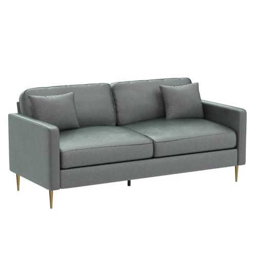 Chic Gray Velvet Sofa with Gold Metal Legs and Accent Pillows