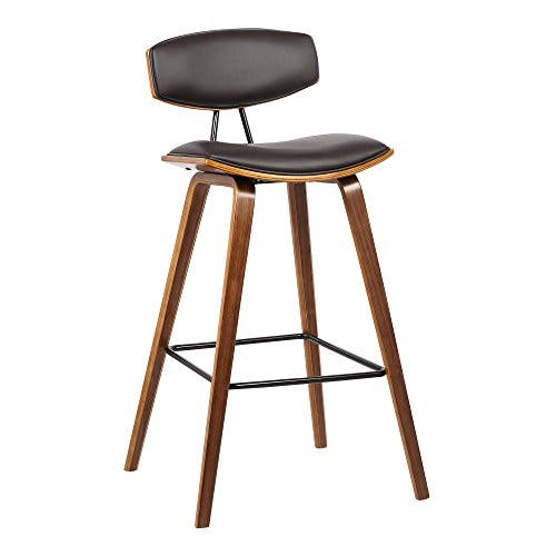Fox 30'' Brown Faux Leather and Walnut Wood Mid-Century Bar Stool