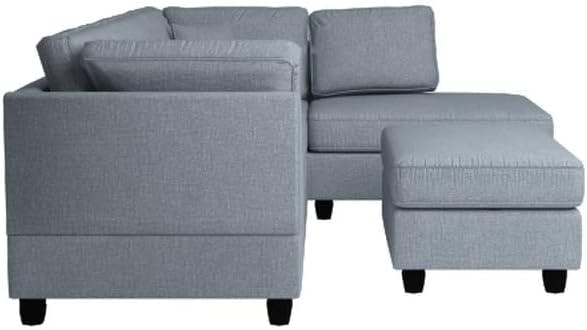 Plush Linen-Like Grey Sectional Sofa Set with Matching Ottoman