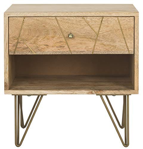 Transitional Brass-Tone Hairpin Leg Nightstand with Geometric Drawer