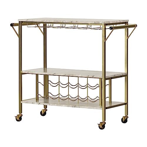 Glam Marble-Top Gold Metal Bar Cart with Wine Glass Storage